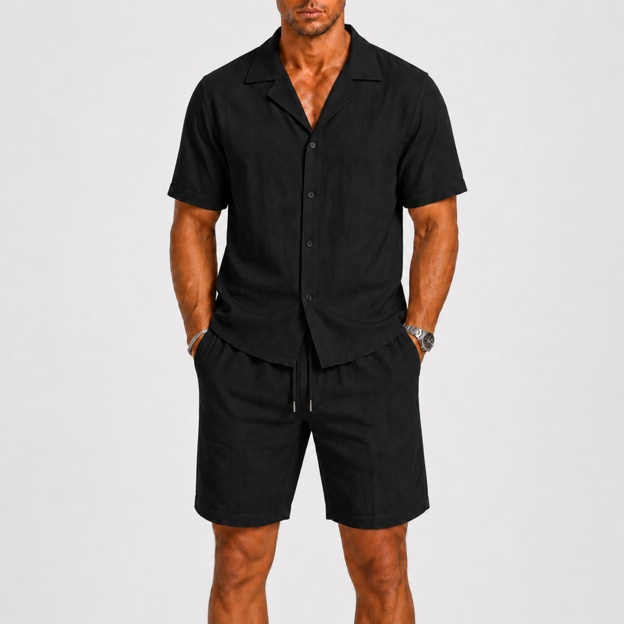Lniany komplet letni z koszulą z kołnierzem kubańskim