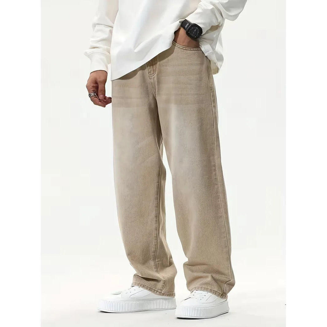 Jeansy loose fit z szeroką nogawką w jasnym beżu