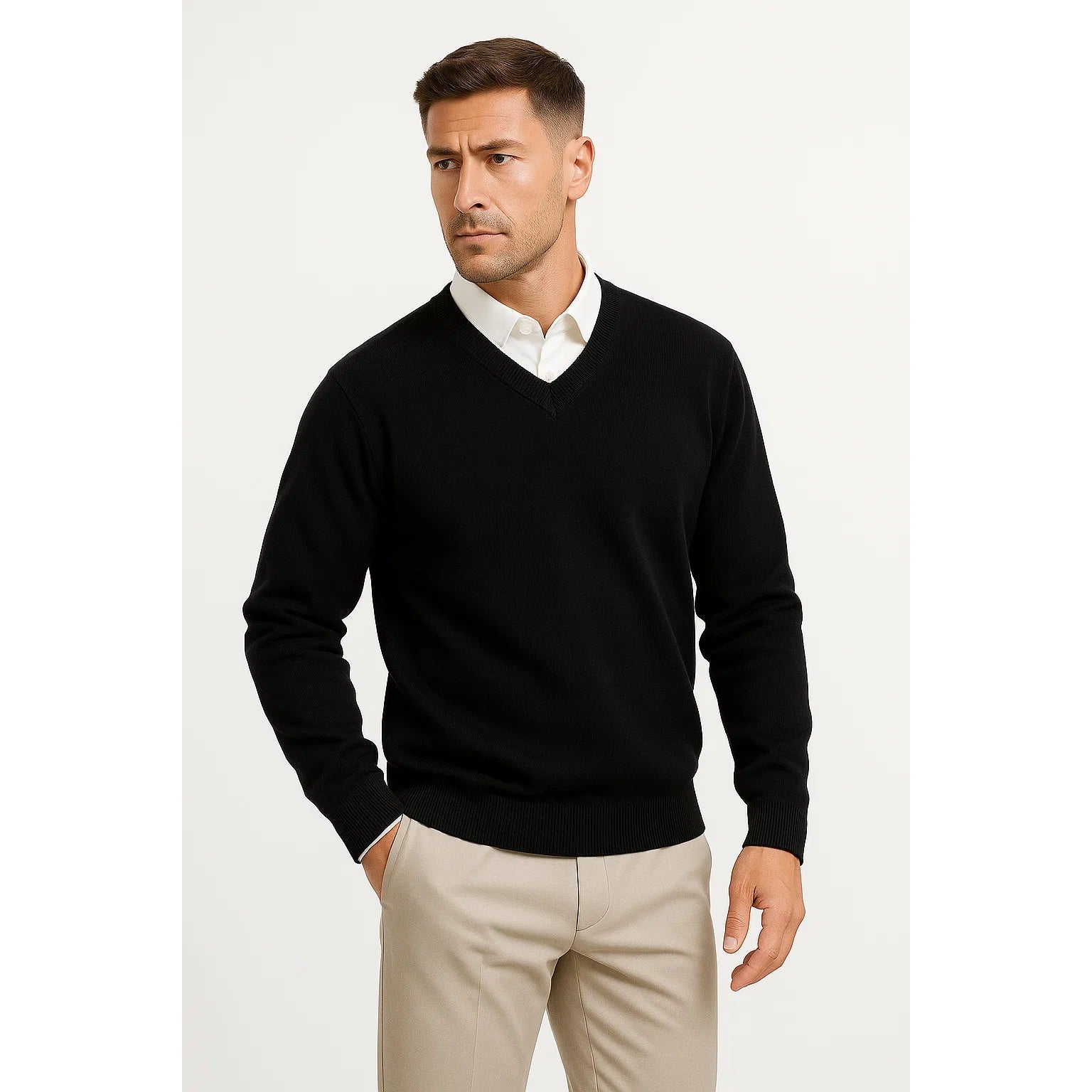 Sweter z kaszmiru z dekoltem V, krój slim fit