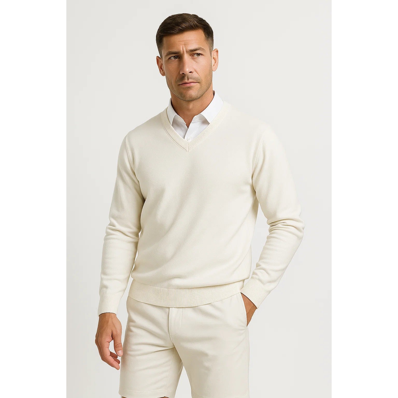 Sweter z kaszmiru z dekoltem V, krój slim fit